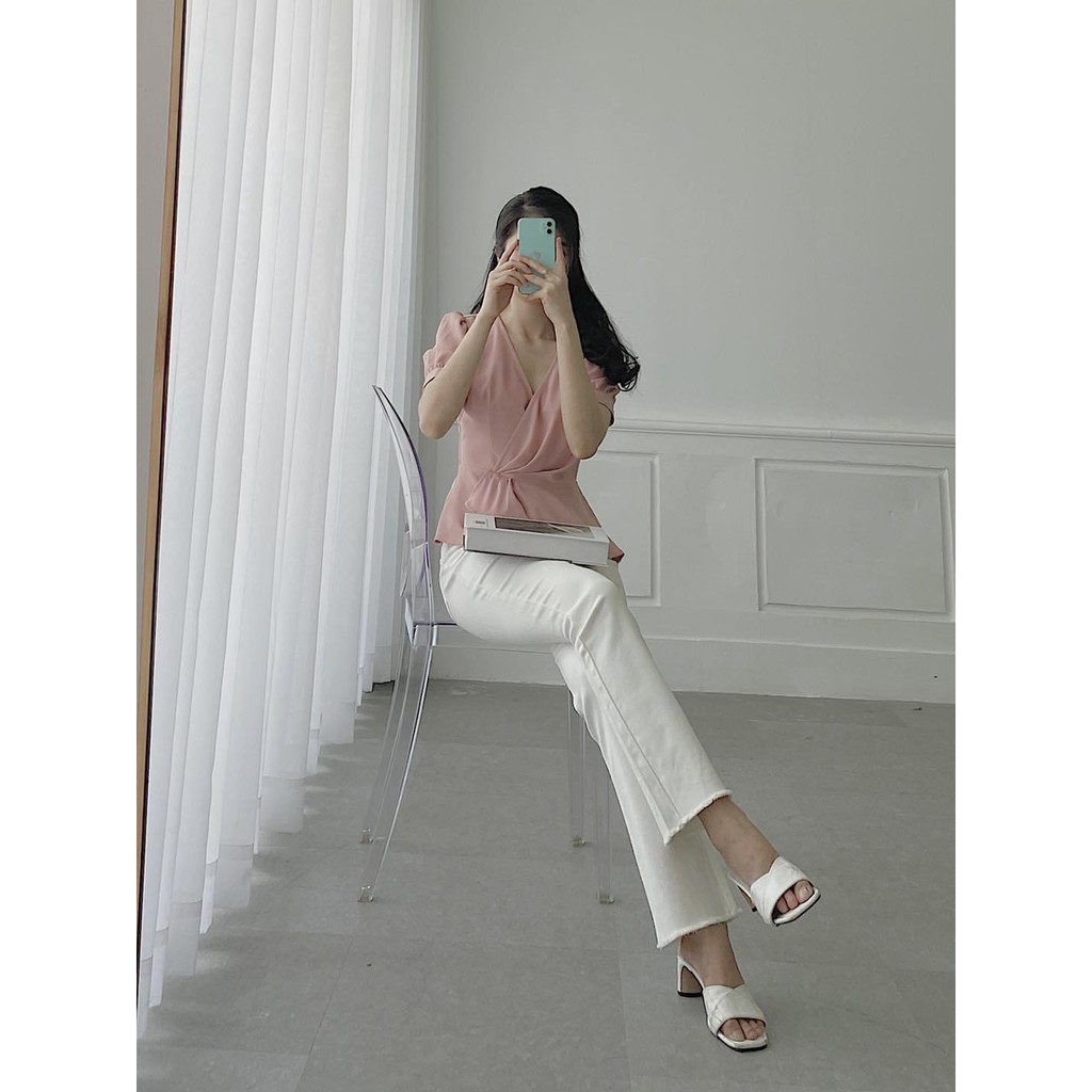 Áo sơ mi cổ V dáng peplum xòe cộc tay - áo sơ mi công sở nữ 087