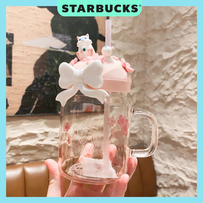 Ly thủy tinh STARBUCKS màu hồng Sakura có quai cầm và ống hút dung tích 400ml