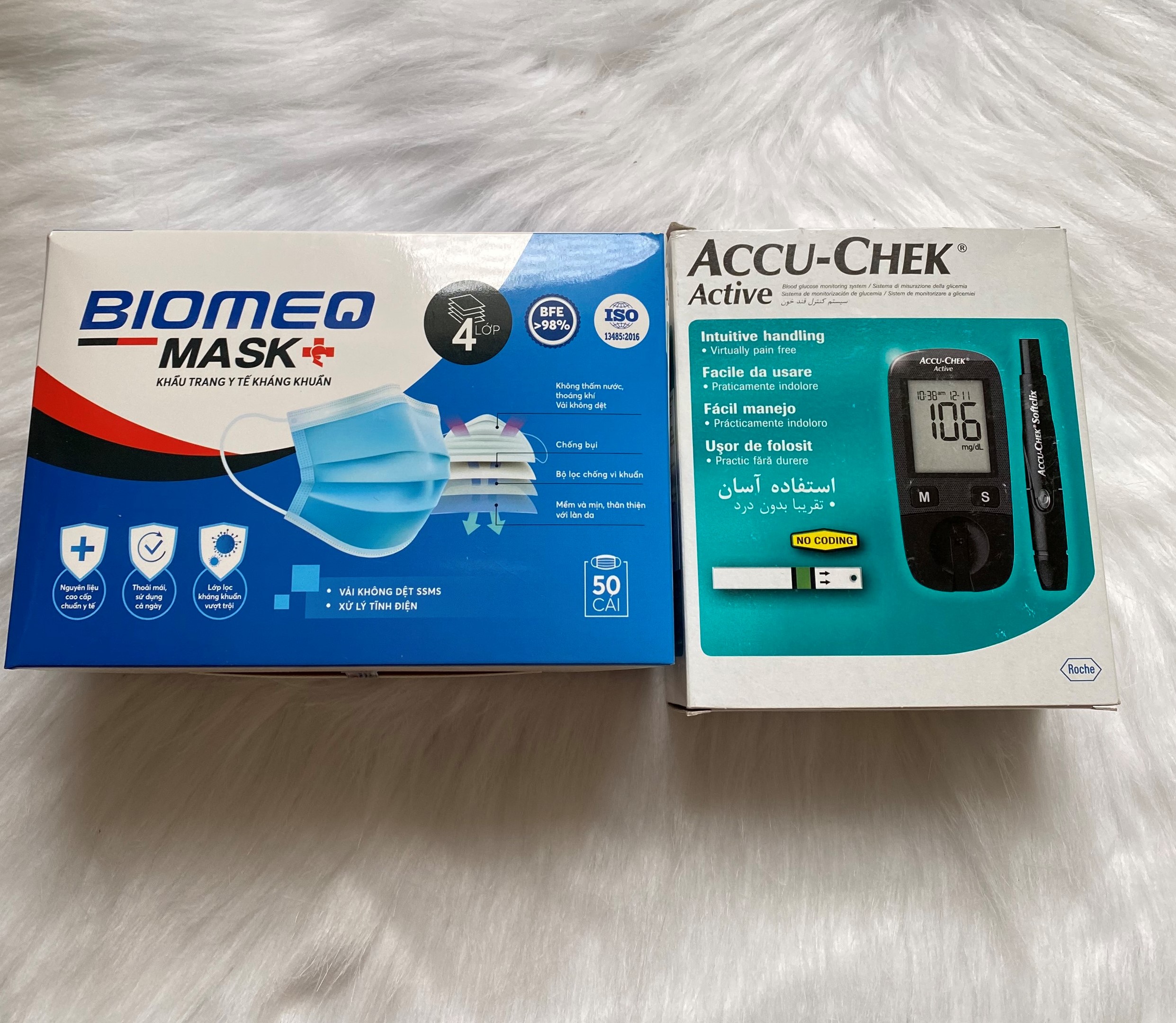 Máy Kiểm Tra Đường Huyết Accu Chek Active + tặng kèm 1 hộp  khẩu trang y tế cao cấp BIOMEQ