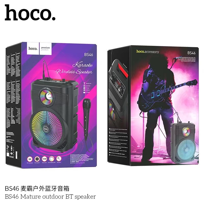 Loa Karaoke Hoco BS46, Kèm Micro Có Dây, Bluetooth 5.0, Công Suất 1800mAh, Hỗ Trợ Khe Cắm Thẻ Nhớ, USB, TF, AUX, Đài FM.