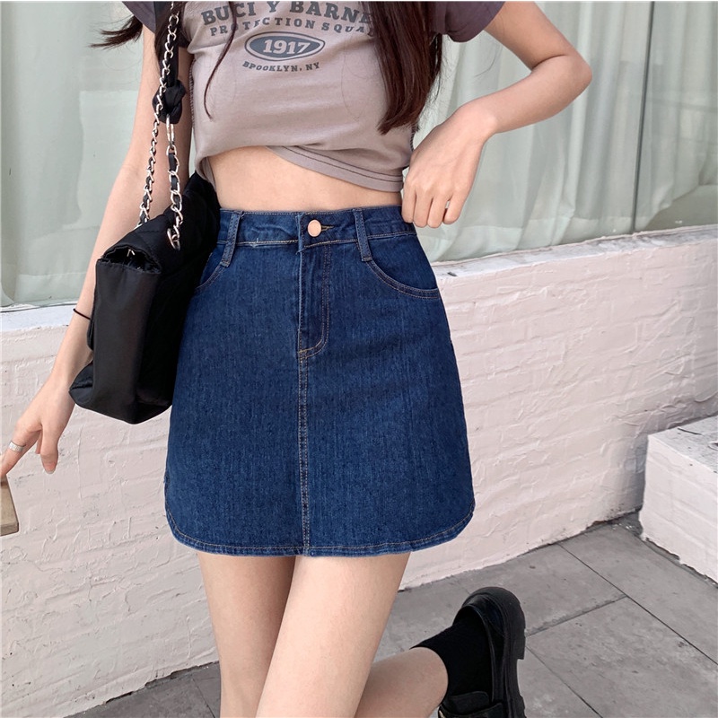 Chân váy IELGY vải jean lưng cao dáng chữ A phong cách Hàn Quốc dành cho nữ