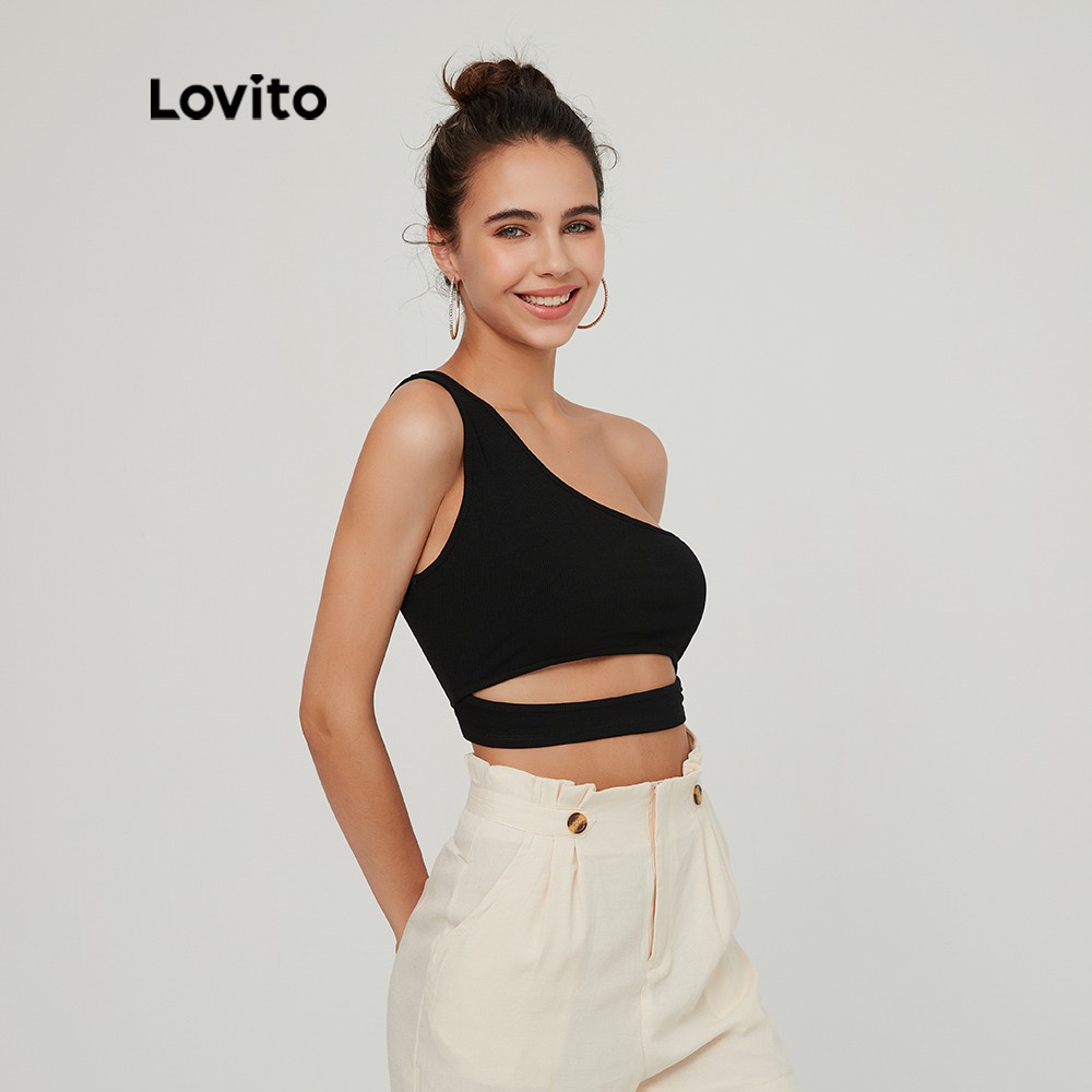 Áo Crop Top Dây Lovito Kiểu Lệch Vai Bất Đối Xứng Màu Trơn TKMDSYP1028 (Màu Đen)