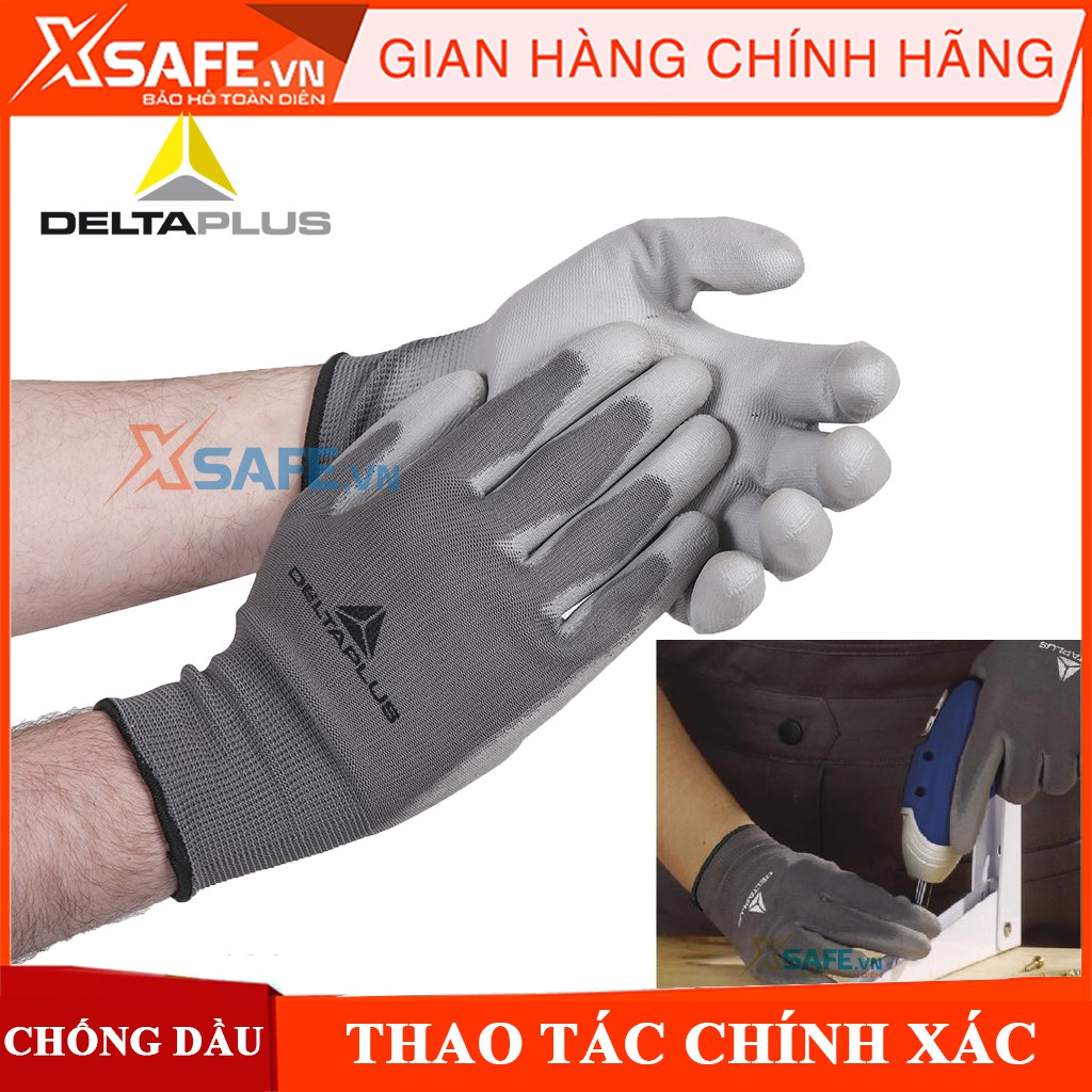 Găng tay chống dầu Deltaplus VE702PG - Găng tay phủ PU tăng độ bám, linh hoạt cao, bao tay bảo hộ chuyên dụng - Xsafe