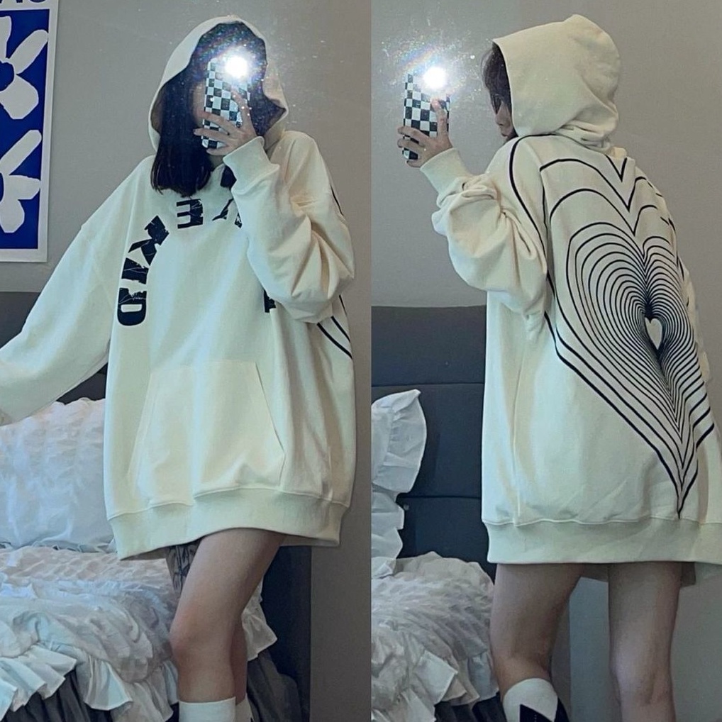Áo hoodie dáng rộng in họa tiết trái tim phối túi cá tính trẻ trung dành cho nữ