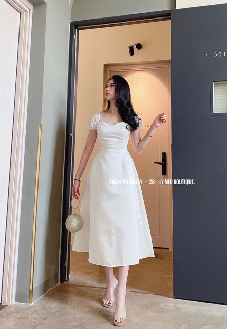 Đầm dự tiệc trắng trễ vai phi phối lưới | BigBuy360 - bigbuy360.vn