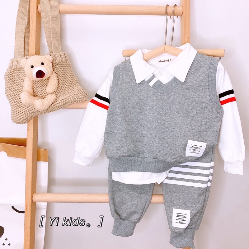 Bộ công tử cổ bẻ cổ giả vest bé trai