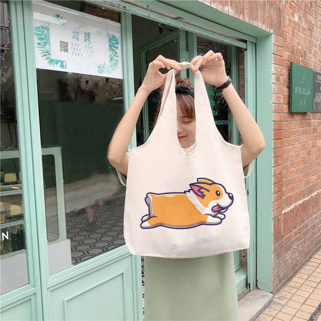 Túi Tote 💖FREESHIP💖 Vải Canvas Nữ Hàn Quốc Giá Rẻ In Hình Running Corgi Túi Tote Đi Học C1041