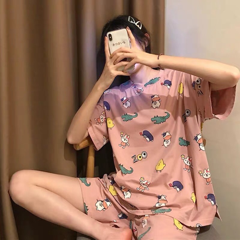 Đồ Ngủ Nữ Cotton Thun Cộc Tay Pijama Đồ Bộ Nữ Cộc Tay Dễ Thương Mùa Hè Chất Mát Mẫu 2021 K5C3