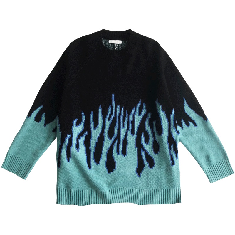Áo sweater len nam form rộng ngọn lửa xanh đen, áo sweater nam unisex màu đen đi học đi chơi thời trang ulzzang hàn quốc