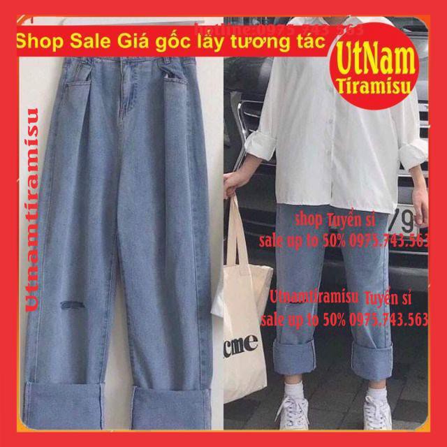 Sét quần jeans ống rộng rách gối + áo sơmi trơn dài tay NoBrandDenim