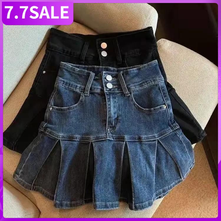 Chân váy denim xếp ly chữ A lưng cao chống lộ hàng phong cách Hàn Quốc thời trang mùa hè cho nữ