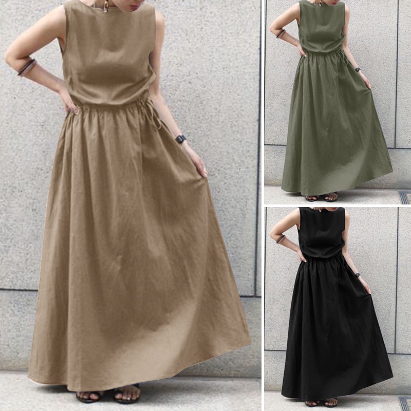 Đầm dài Zanzea dáng chữ A không tay cổ tròn thời trang Hàn Quốc dành cho nữ