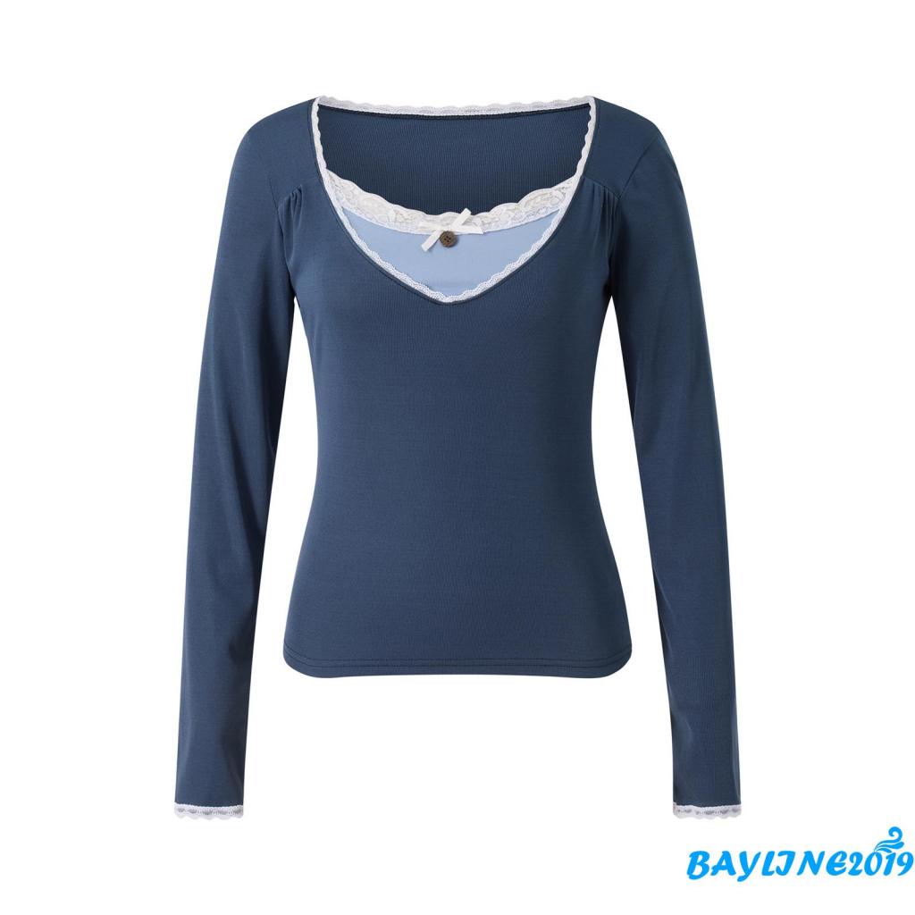 Áo Thun Nữ Dài Tay Phối Ren Ôm Dáng Phong Cách Đường Phố