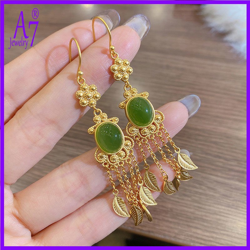 Bông Tai Bạc A7 S925 Dáng Dài Tua Rua Đính Đá Quý Sang Trọng