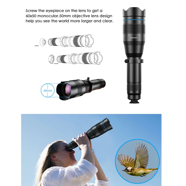 Ống kính,lens apexel tele 60x,chụp ảnh siêu xa,siêu zoom dành cho điện thoại