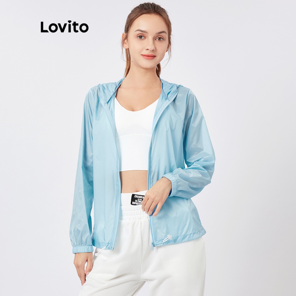 Áo khoác Lovito thể thao thiết kế có nón dây kéo thắt dây trơn màu L26AD069 ( màu xanh dương nhạt/ trắng)