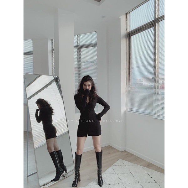 Đầm Gân Tăm Body Tay Dài Cài Nút Sang Trọng byChang