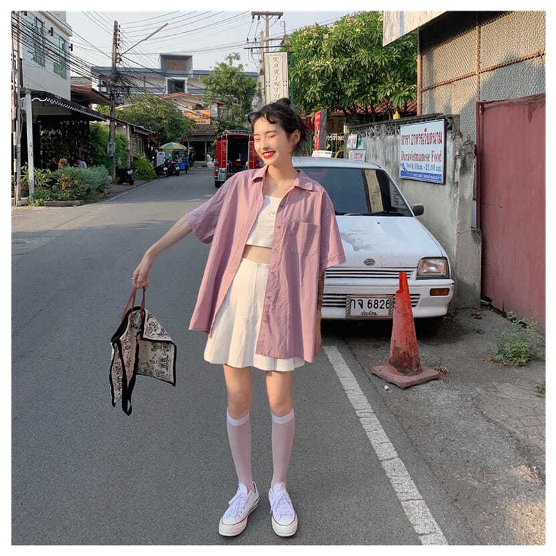 Áo Sơ Mi Ngắn Tay Màu Sắc Đơn Giản Phong Cách Retro