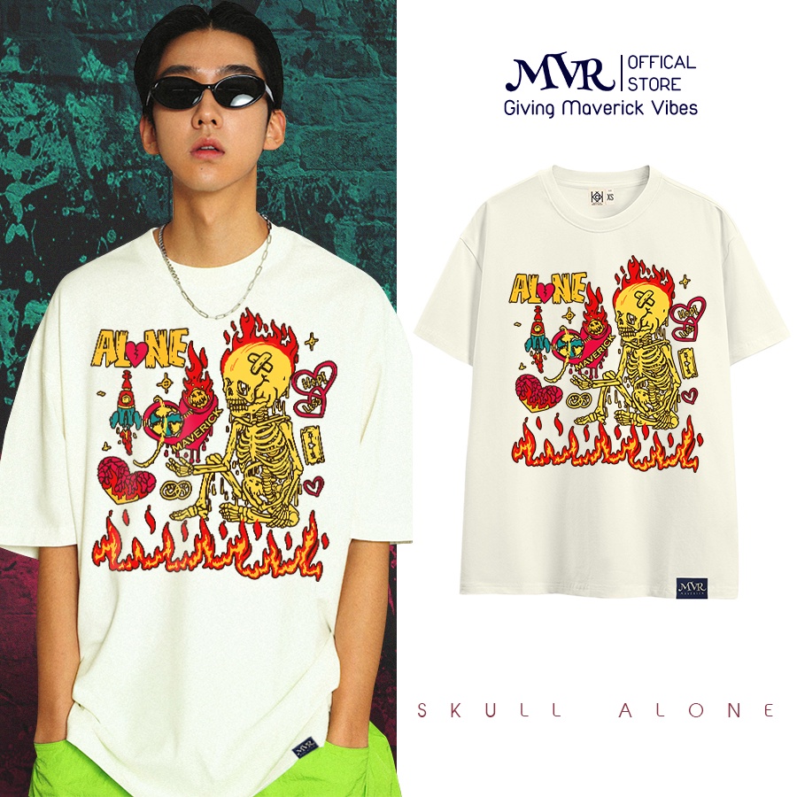 Áo thun trắng tay lỡ Đầu lâu xương cô đơn chất phong cách MVR size rộng tee Mỹ BB4080