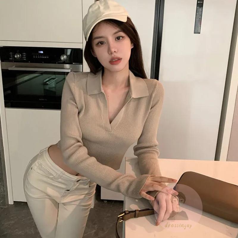 Áo Croptop Dệt Kim Tay Dài Cổ Chữ V Màu Sắc Đơn Giản Cho Nữ