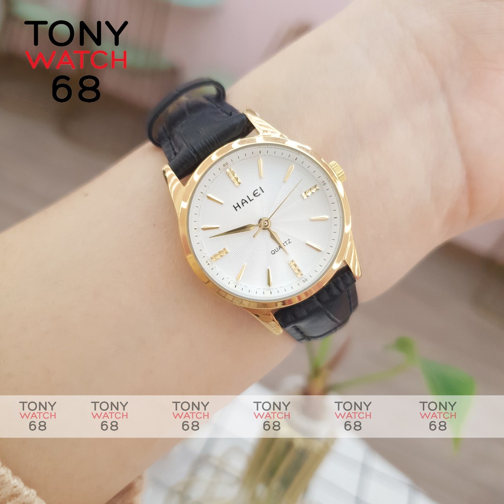 Đồng hồ cặp đôi nam nữ Halei dây da nâu viền mạ vàng chống nước tuyệt đối | BigBuy360 - bigbuy360.vn
