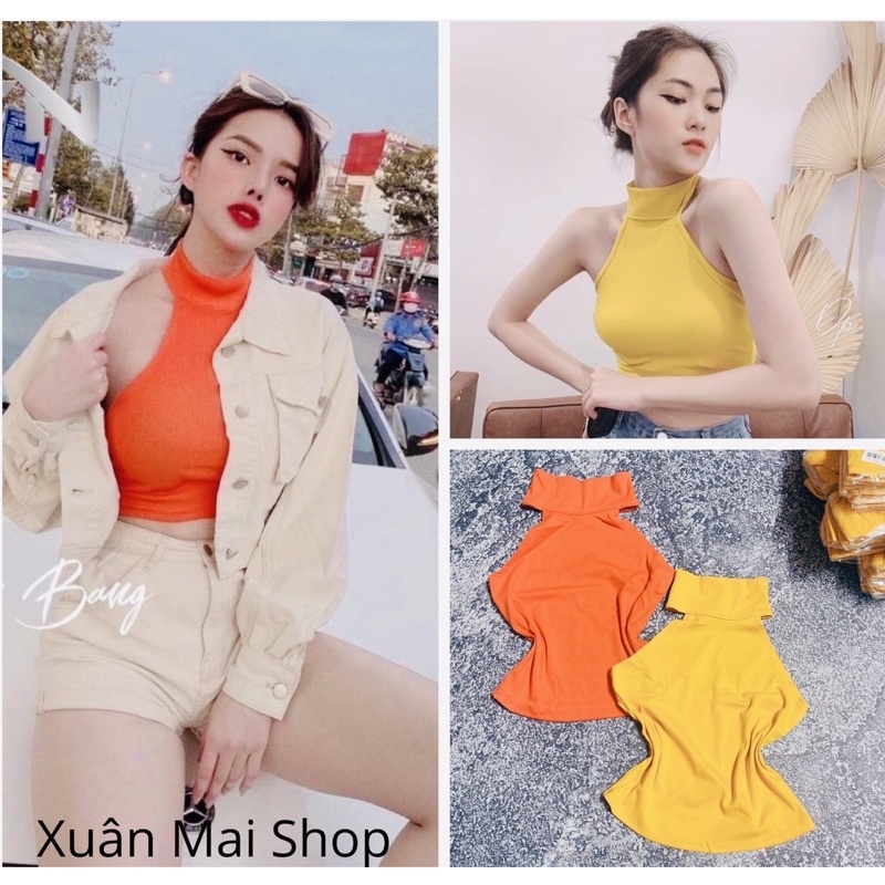 Áo thun croptop nữ cổ yếm, cổ lọ hai màu cam vàng chất borip co giãn siêu xinh