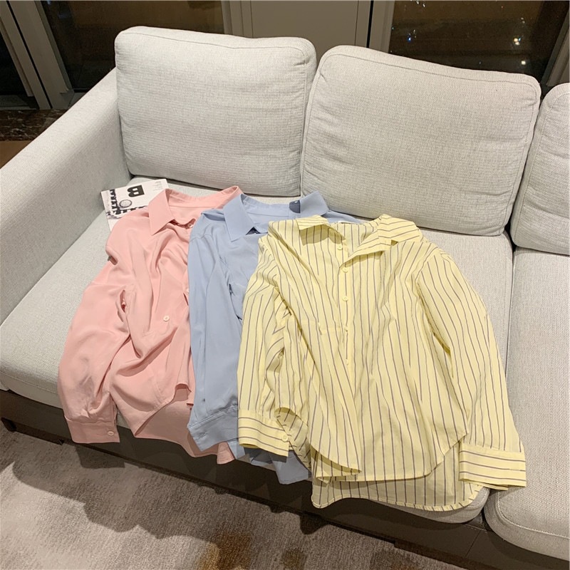 Áo sơ mi nữ dài tay áo kiểu cổ bẻ vintage công sở form rộng basic vạt lệch phong cách Hàn Quốc S3T5-6