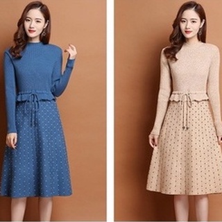 Váy Len Dài Tay - Đầm Nữ Dáng Xoè Cổ Tròn Chân Váy Chấm Bi Cao Cấp