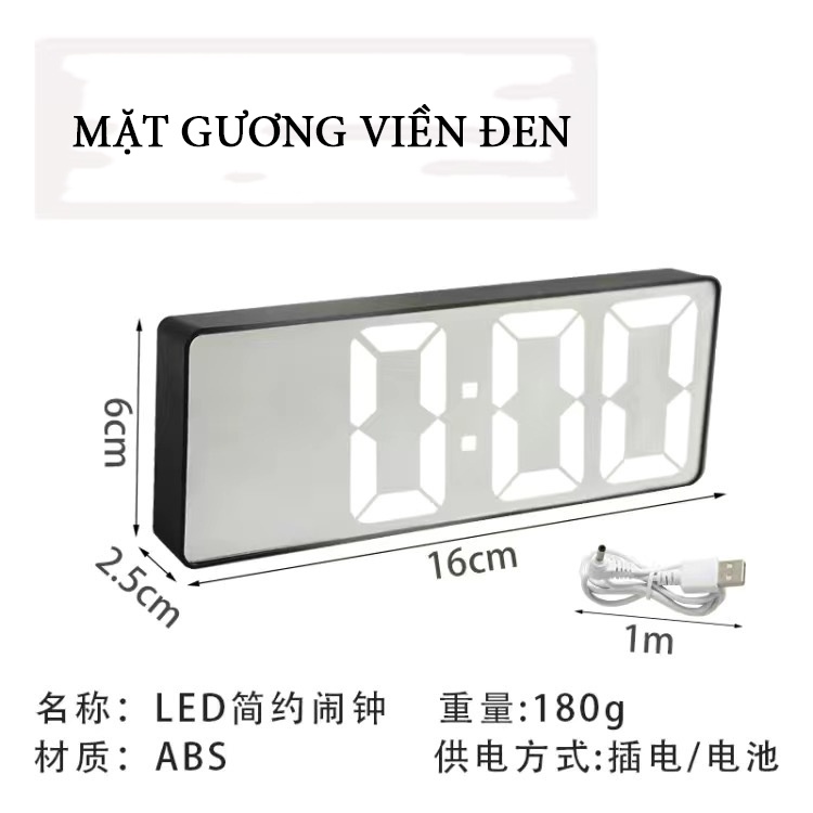 Đồng Hồ Điện Tử Mặt Gương, Đo Nhiệt Độ, Hẹn Giờ, Kèm Sạc, Để Bàn Làm Việc