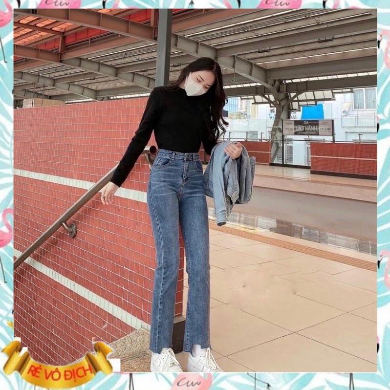(Hàng sẵn Freeship) Quần jeans nữ ống đứng co giãn lưng cao cắt gấu zic hothit