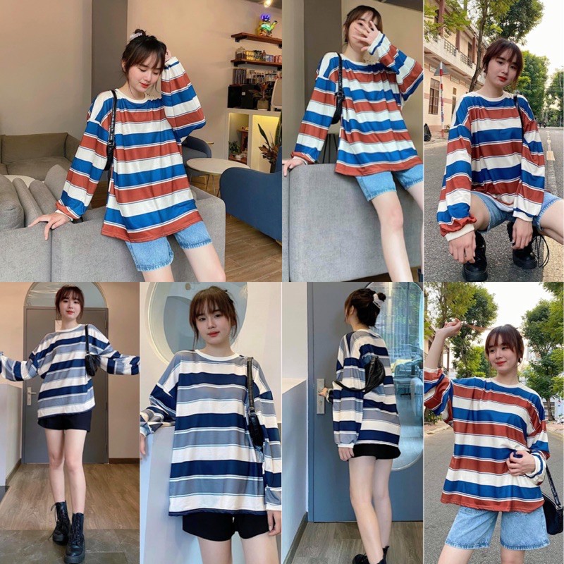 Áo Thun tay dài MOMO T-SHIRT thiết kế kẻ sọc form suông rộng cổ tròn
