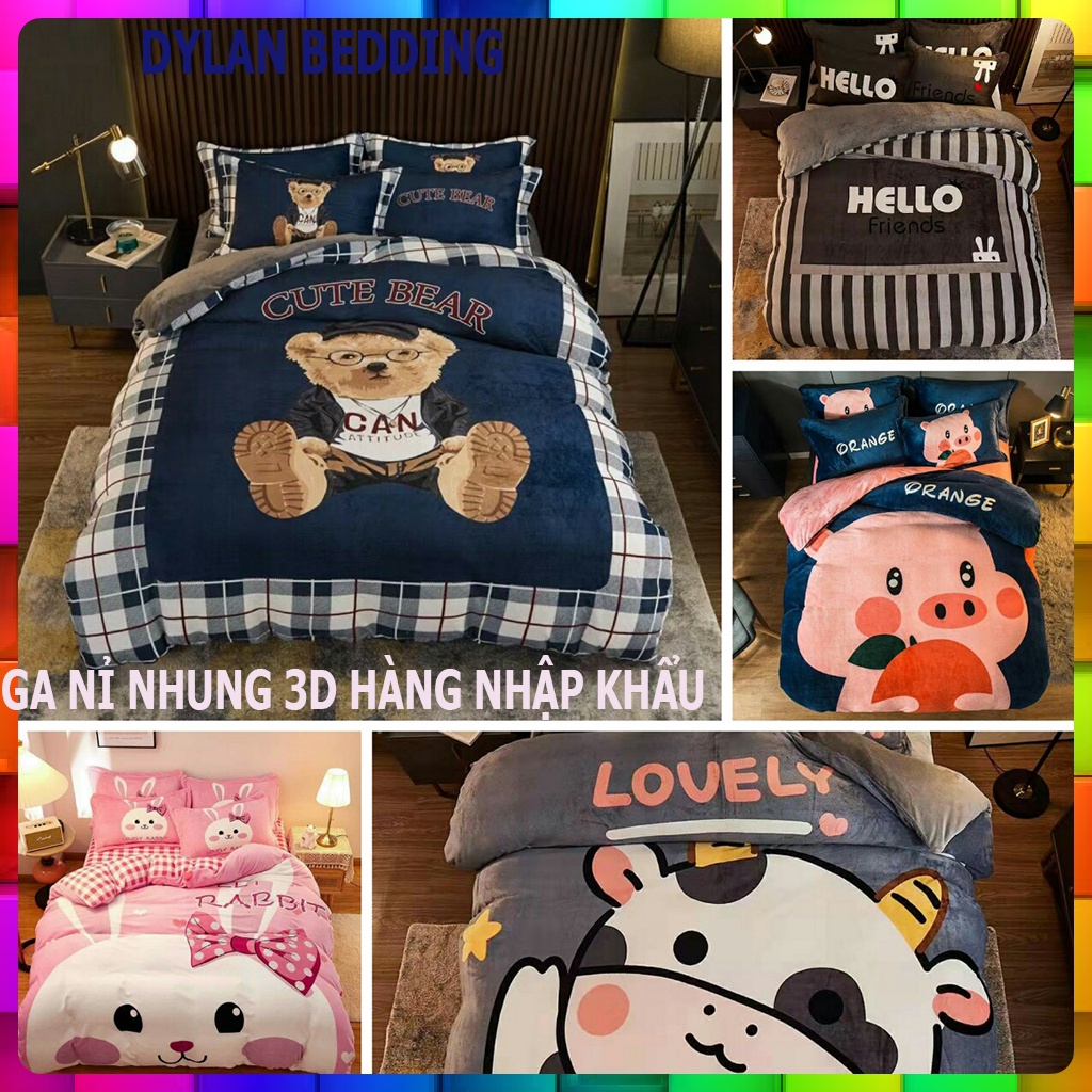 Bộ chăn ga gối đệm 3D nỉ nhung cao cấp , Kèm drap giường bo chun(không kèm ruột)