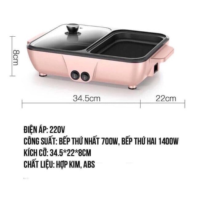 Bếp lẩu nướng 2 ngăn đa năng mini lẩu nướng, điều chỉnh nhiệt độ, chống dính cao cấp