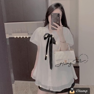 Áo sơ mi nữ tay ngắn 2 lớp, áo tơ bèo tiểu thư babydoll 2 lớp nơ rời