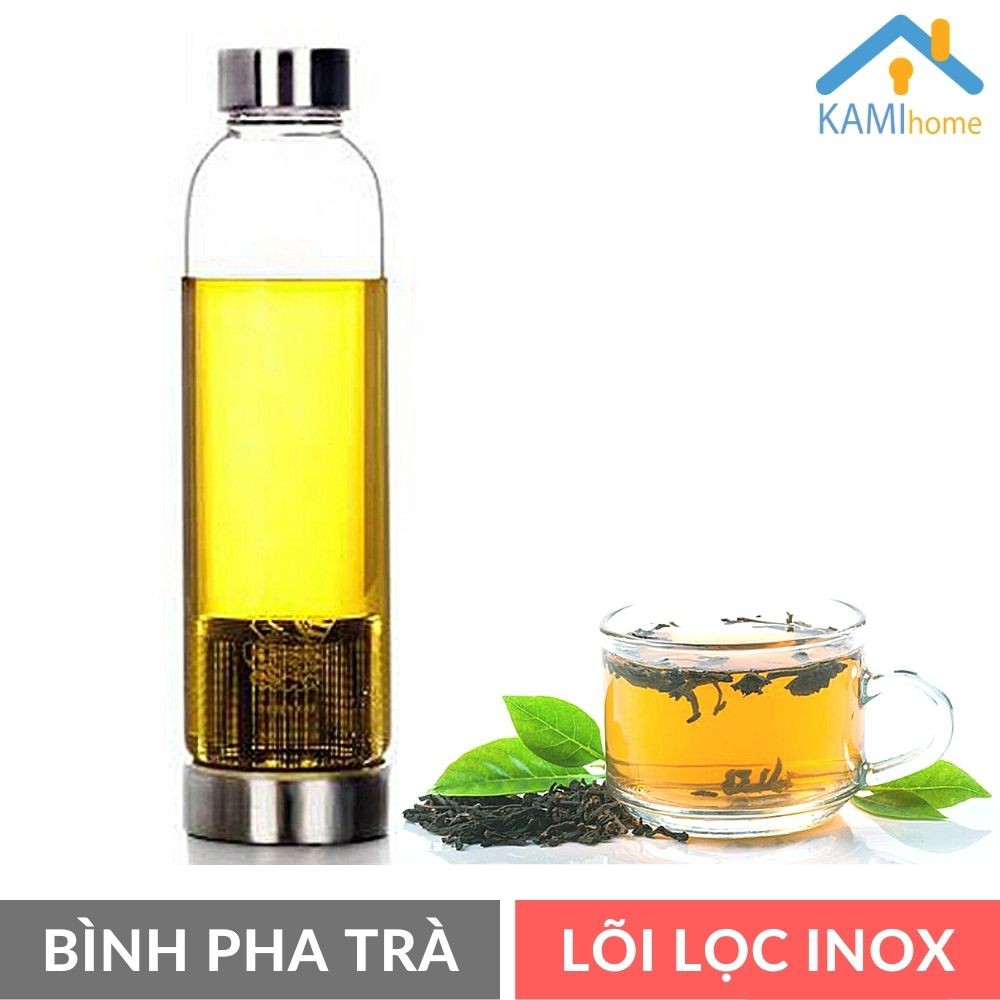 Bình nước thủy tinh pha trà hoa có lõi lọc inox 450ml cầm tay mang theo người Mã22044