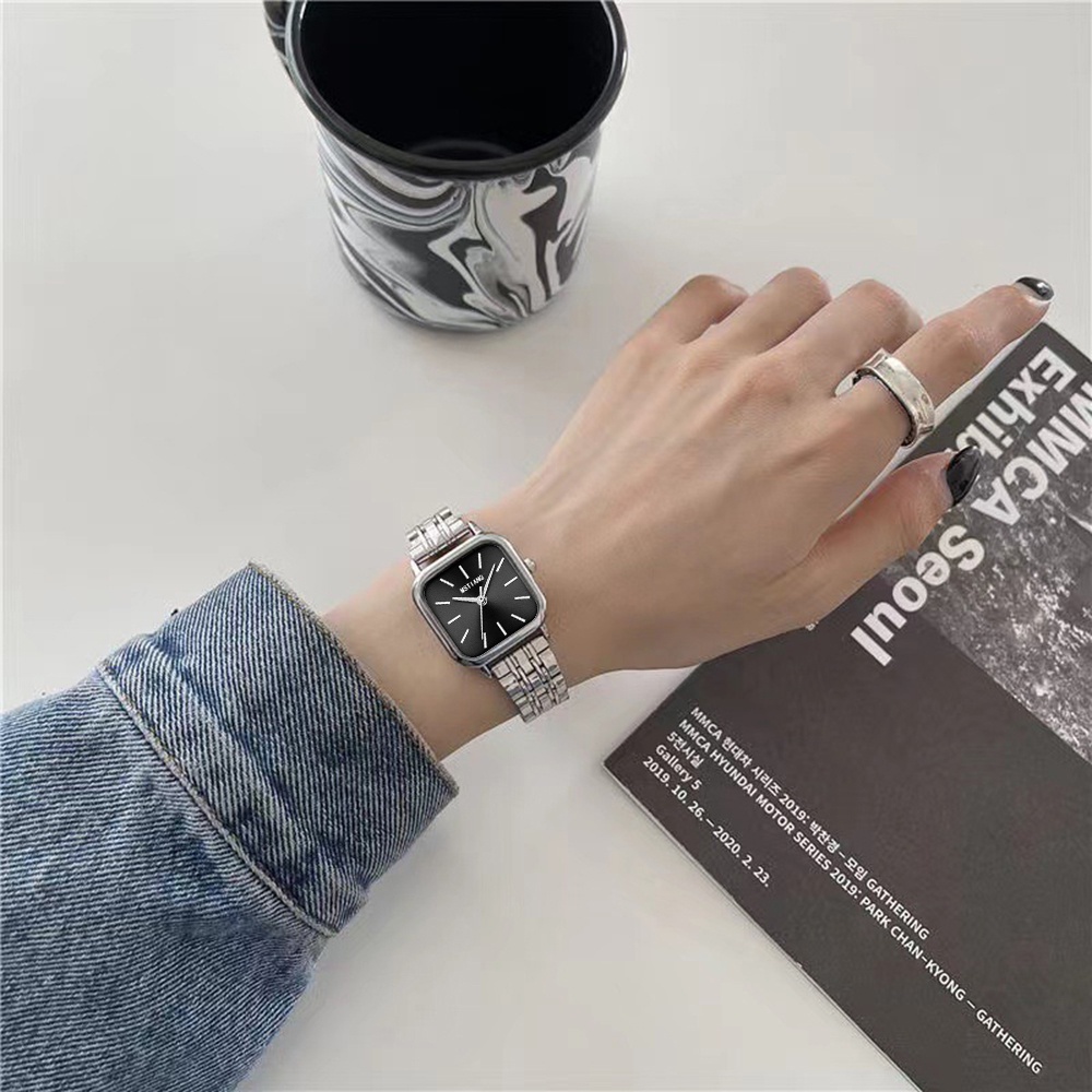 Đồng Hồ Nữ Dây Thép Lưới Mặt Vuông Đơn Giản Phong Cách Hàn Quốc