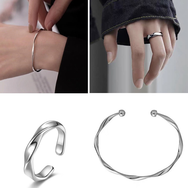 Bộ 2 Vòng Tay Mở Mạ Bạc 925 Thiết Kế Đơn Giản Cho Cặp Đôi