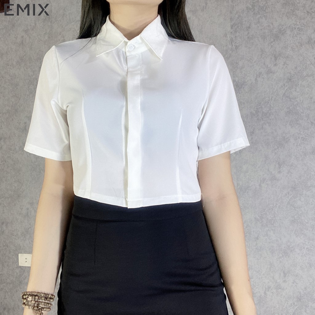 Áo sơ mi croptop chất lụa thô EMIX