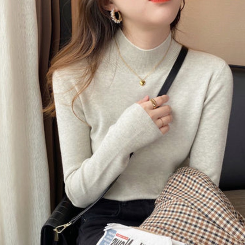 Áo sweater dệt kim RENJIANVSHENG tay dài cổ cao thời trang mùa thu cho nữ