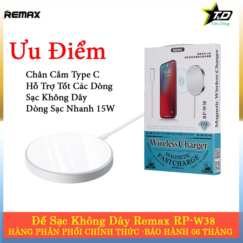 Đế Sạc Không Dây Remax Rp-w38, 15w Bằng Hợp Kim Nhôm Hít Nam Châm Nhanh Chóng Cho Tất Cả Các Dòng hỗ trợ không dây