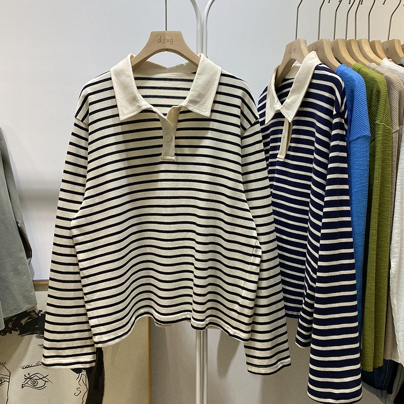 Áo Thun Polo Tay Dài Vải Cotton Họa Tiết Kẻ Sọc Phong Cách Hàn Quốc