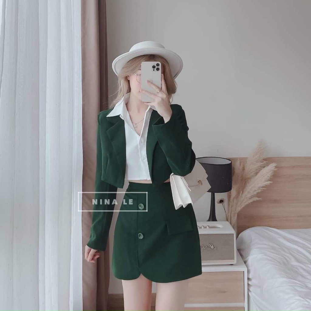Set 3 Món Áo Vest Áo Somi Croptop Kèm Chân Váy Ngắn Có Lót Màu Xanh Siêu Xinh - Set 3 Món Hottrend