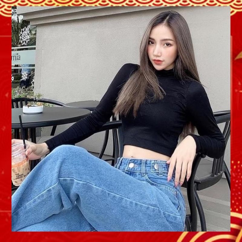 Áo Thun Dáng Ôm Cổ 3 Phân Dài Tay Màu Đen Trơn Basic |Croptop và Dài|Freeship