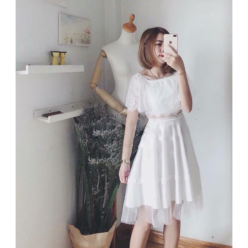Đầm ren dự tiệc đầm trễ vai phối lưới đẹp ngất