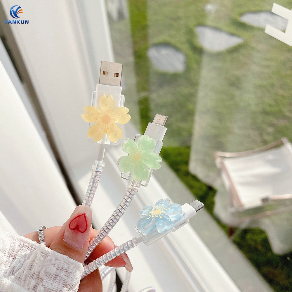 Vỏ Bọc Bảo Vệ Dây Cáp Dữ Liệu Hình Hoa Trong Suốt Cho Apple Huawei OPPO Vivo