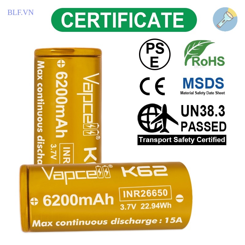 Pin sạc 26650 Vapcell K62 6200mAh 15A 3.6V 3.7v 4.2V INR Cao Cấp Li Ion