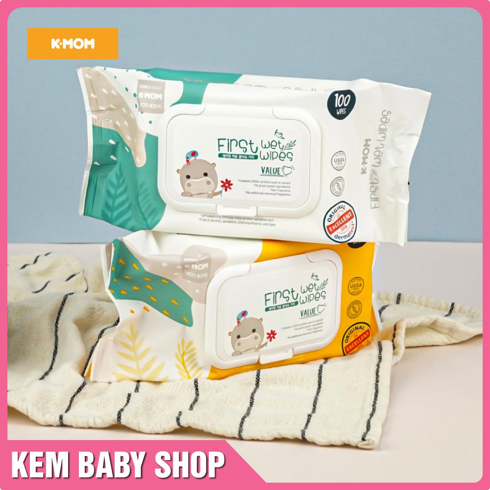 [Chính Hãng] Khăn ướt cao cấp K-Mom Hàn Quốc First Wet Wipes vân nổi (100c) – Khăn giấy ướt Kmom không mùi cho bé