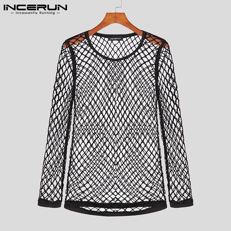 INCERUN Áo nam Tay Dài Màu Đen Quyến Rũ