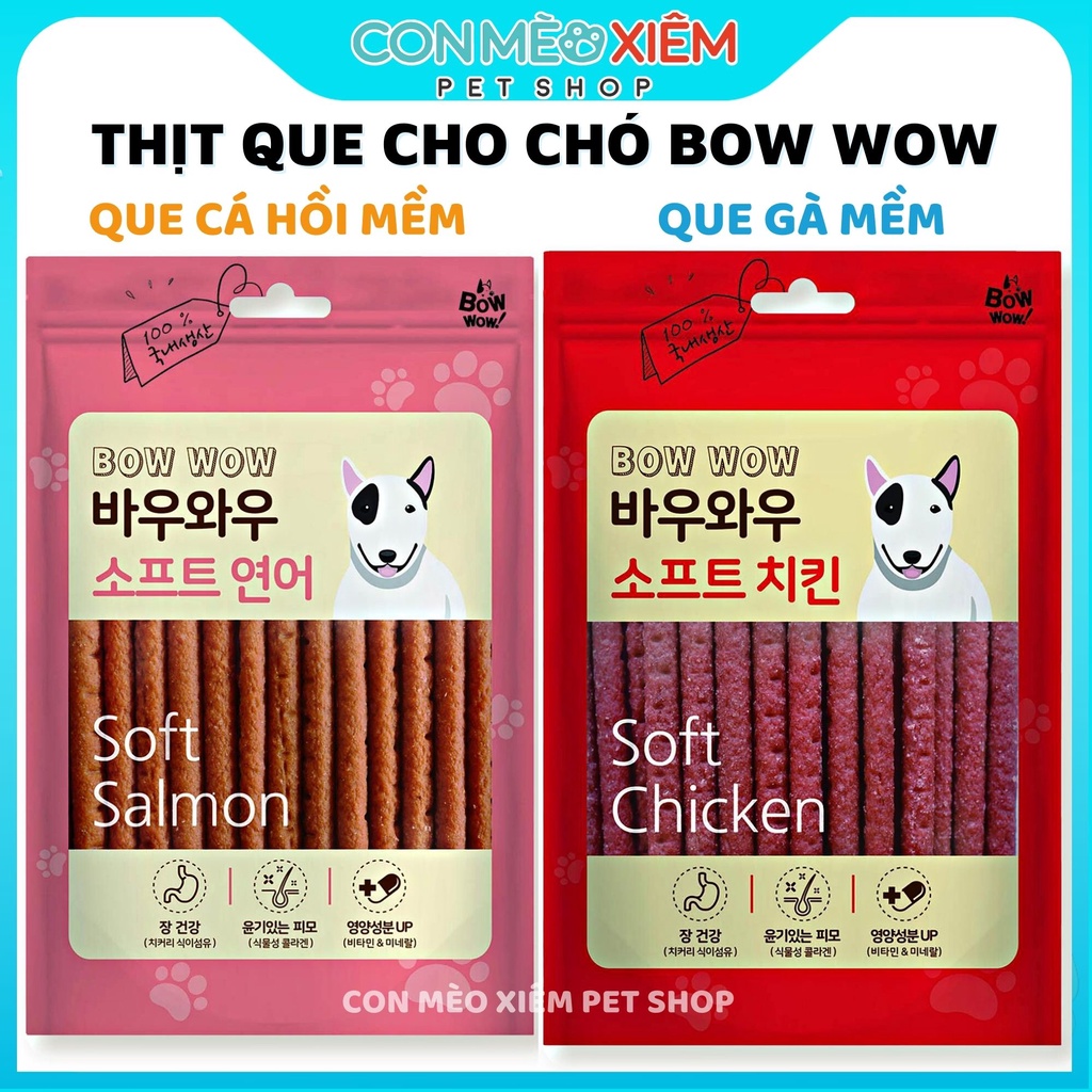 Snack cho chó cá hồi gà que Bow wow soft chicken salmon gói 50g 150g, thức ăn cho chó vặt huấn luyện cún Con Mèo Xiêm