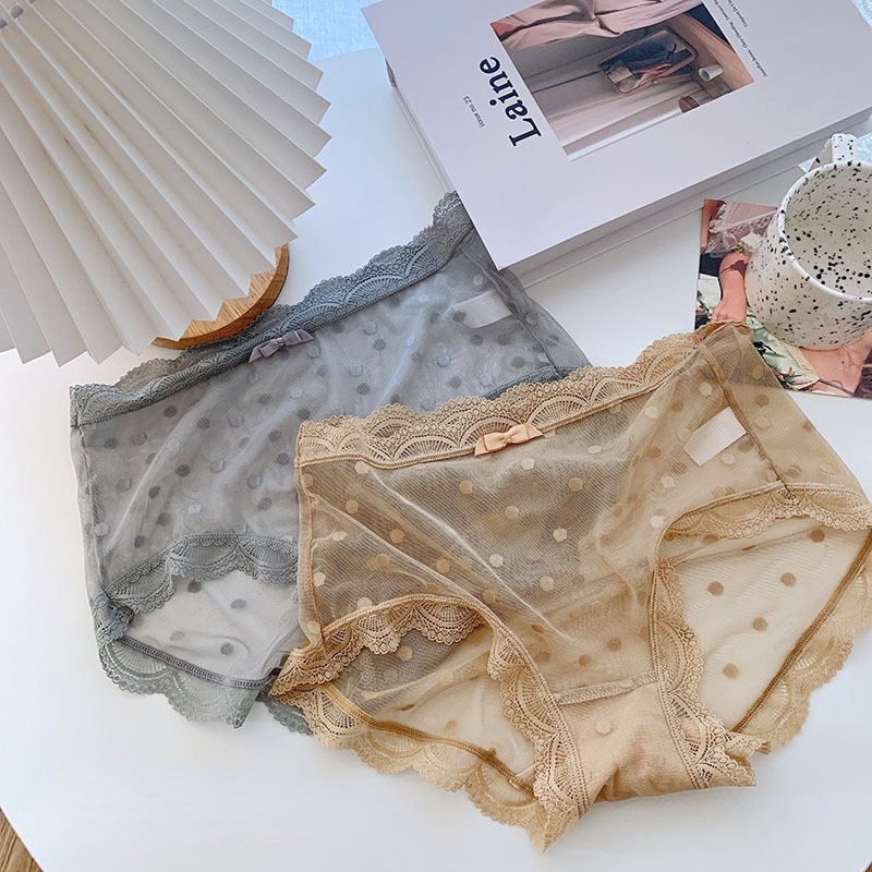 Quần Lót Lưới Siêu Mỏng Lưng Cao Họa Tiết Chấm Bi Phong Cách Nhật Bản Cho Nữ